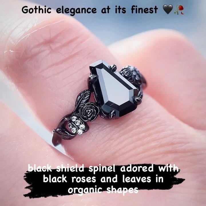 Black Spinel Gothic Ring in Silver with Black Oxide Plating - Lord of Gem Rings