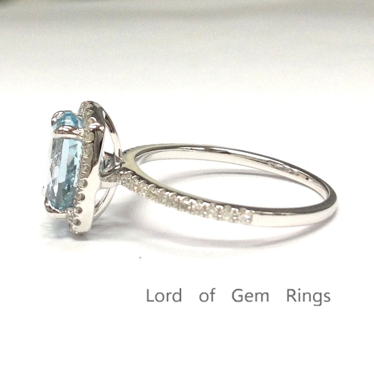 Bridal Set,7x9mm Oval Aquamarine Engagement Ring with Cushion Halo in 14k Rose Gold - Lord of Gem Rings