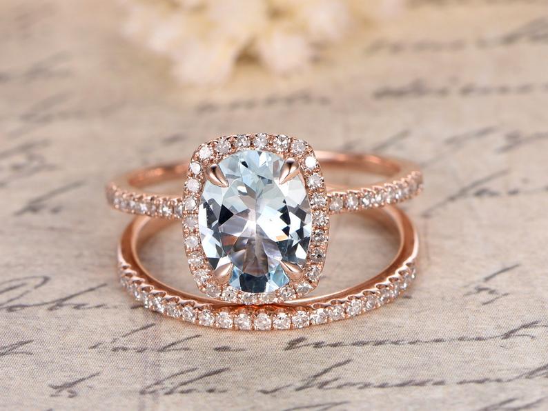 Bridal Set,7x9mm Oval Aquamarine Engagement Ring with Cushion Halo in 14k Rose Gold - Lord of Gem Rings