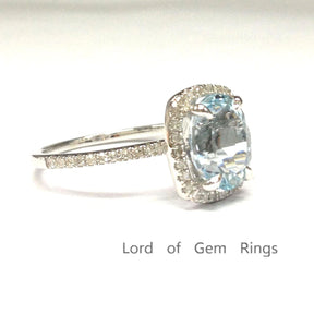 Bridal Set,7x9mm Oval Aquamarine Engagement Ring with Cushion Halo in 14k Rose Gold - Lord of Gem Rings