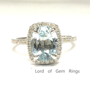 Bridal Set,7x9mm Oval Aquamarine Engagement Ring with Cushion Halo in 14k Rose Gold - Lord of Gem Rings