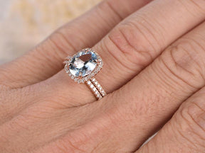 Bridal Set,7x9mm Oval Aquamarine Engagement Ring with Cushion Halo in 14k Rose Gold - Lord of Gem Rings