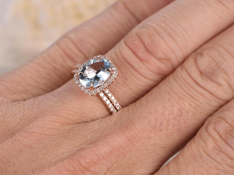 Bridal Set,7x9mm Oval Aquamarine Engagement Ring with Cushion Halo in 14k Rose Gold - Lord of Gem Rings