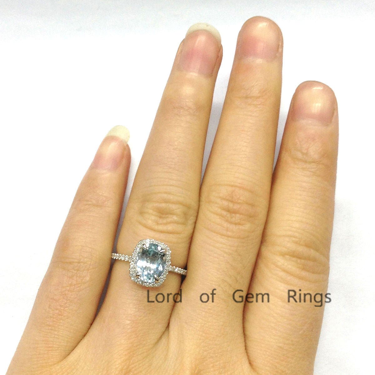 Bridal Set,7x9mm Oval Aquamarine Engagement Ring with Cushion Halo in 14k Rose Gold - Lord of Gem Rings