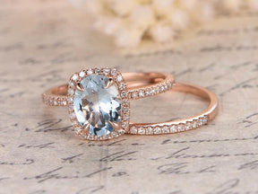 Bridal Set,7x9mm Oval Aquamarine Engagement Ring with Cushion Halo in 14k Rose Gold - Lord of Gem Rings