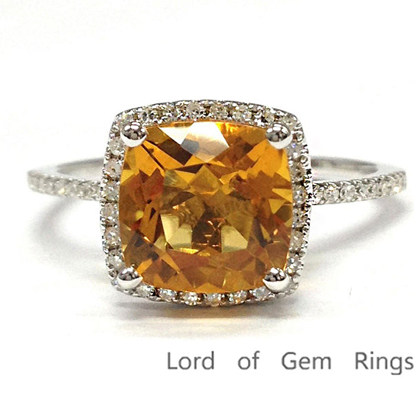 Cushion Yellow Citrine Halo Ring with Diamond Accents - Lord of Gem Rings