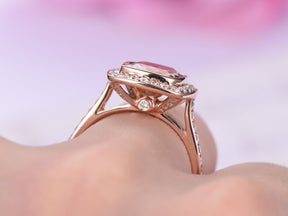 Custom Listing for Leanna - Bezel Cushion Tourmaline Ring Diamond Halo Ring Milgrain 14K Rose Gold - Lord of Gem Rings