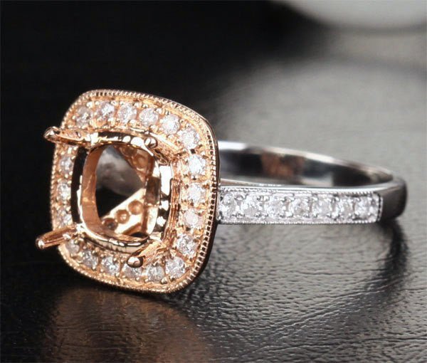 Diamond Engagement Semi Mount Ring 14K Two Tone White/Rose Gold Setting Cushion 7mm - Lord of Gem Rings