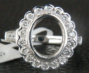 Diamond Engagement Semi Mount Ring 14K White Gold Oval 7.5x9.5mm Bezel Halo - Lord of Gem Rings