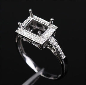 Diamond Engagement Semi Mount Ring 14K White Gold Setting Emerald Cut 6x8mm - Lord of Gem Rings