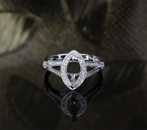 Diamond Engagement Semi Mount Ring 14K White Gold Setting Marquise 8x10mm - Lord of Gem Rings