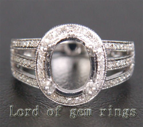 Diamond Engagement Semi Mount Ring 14K White Gold Setting Oval 7.5x9.5mm Milgrain - Lord of Gem Rings