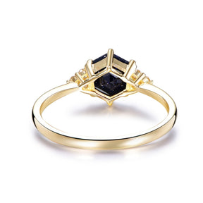 Hexagon Blue Sandstone triple Accent Moissanite Engagement Ring 14K Gold - Lord of Gem Rings