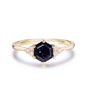 Hexagon Blue Sandstone triple Accent Moissanite Engagement Ring 14K Gold - Lord of Gem Rings