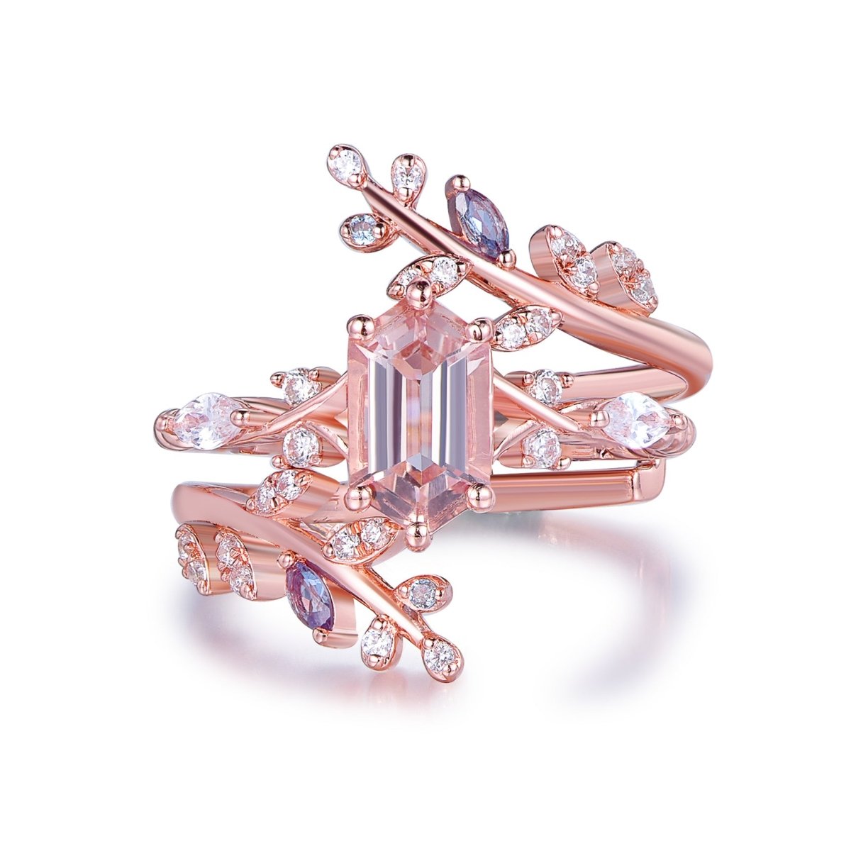 Hexagon Morganite Moissanite Alexandrite vintage vine Ring Bridal Set - Lord of Gem Rings