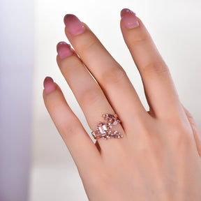 Hexagon Morganite Moissanite Alexandrite vintage vine Ring Bridal Set - Lord of Gem Rings