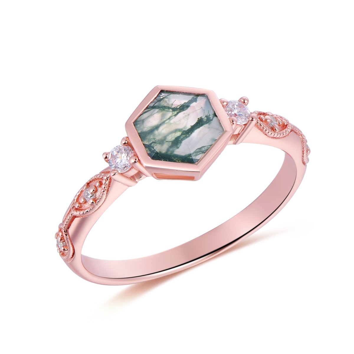 Hexagon Moss Agate Engagement Ring 14K Gold/Silver - Lord of Gem Rings