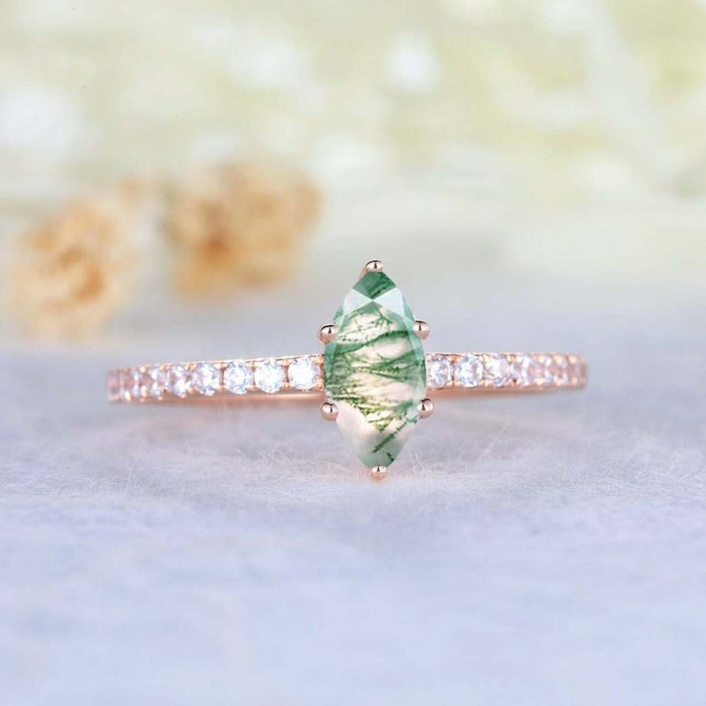 Unique Moss Agate Rings for Women,Marquise moss agate Ring,White Gold Green Gems Engagement Ring,Diamond Stacking Wedding Band,Promise good Gift