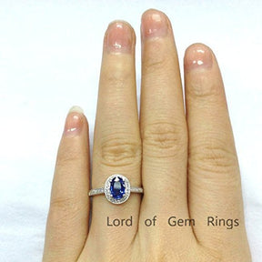 Oval Tanzanite Milgrain Diamond Halo Engagement Ring 14K White Gold - Lord of Gem Rings