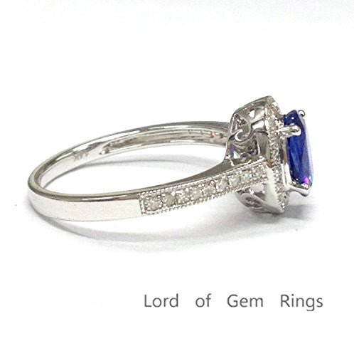 Oval Tanzanite Milgrain Diamond Halo Engagement Ring 14K White Gold - Lord of Gem Rings