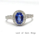 Oval Tanzanite Milgrain Diamond Halo Engagement Ring 14K White Gold - Lord of Gem Rings