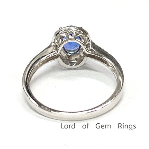 Oval Tanzanite Milgrain Diamond Halo Engagement Ring 14K White Gold - Lord of Gem Rings