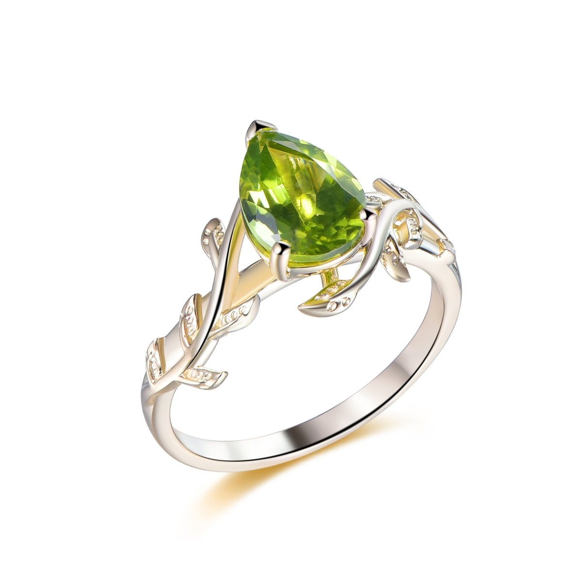 Pear Peridot Engagement Vine Ring, 14K Gold/Silver - Lord of Gem Rings