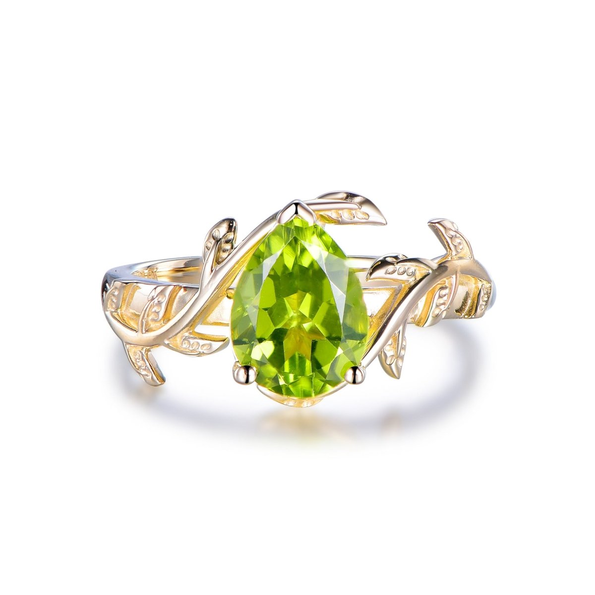 Pear Peridot Engagement Vine Ring, 14K Gold/Silver - Lord of Gem Rings