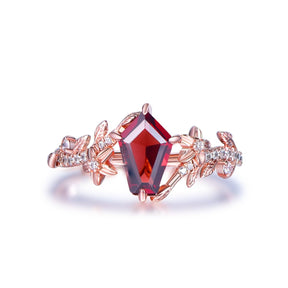 Pentagon Red Garnet Engagement Leaf Ring 14K Gold/Silver - Lord of Gem Rings