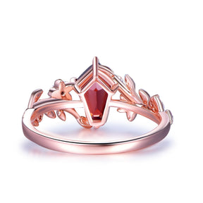 Pentagon Red Garnet Engagement Leaf Ring 14K Gold/Silver - Lord of Gem Rings