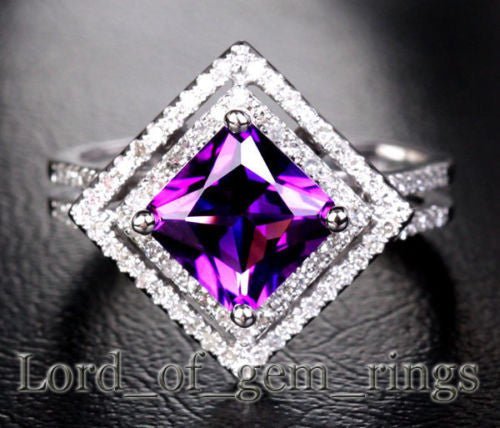 Princess Cut Amethyst Double Square Diamond Halo Ring - Lord of Gem Rings