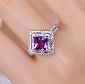 Princess Cut Amethyst Double Square Diamond Halo Ring - Lord of Gem Rings