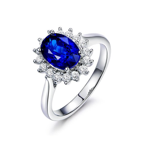 Blue Sapphire Diana Ring Diamond Halo Engagement Ring 18K White Gold