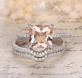 Princess Morganite Hidden Accents Trio Bridal Set - Lord of Gem Rings