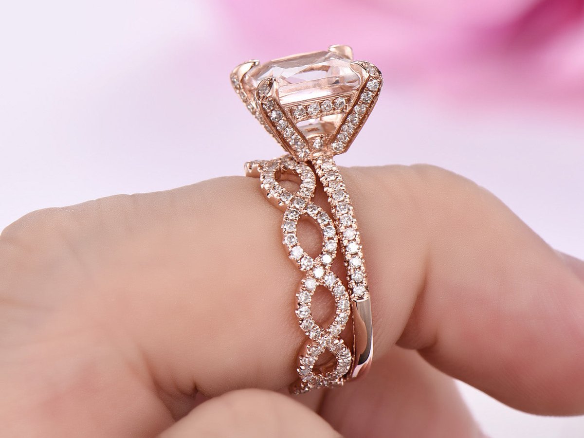 Princess Morganite Hidden Halo Diamond Infinite Love Bridal Set - Lord of Gem Rings