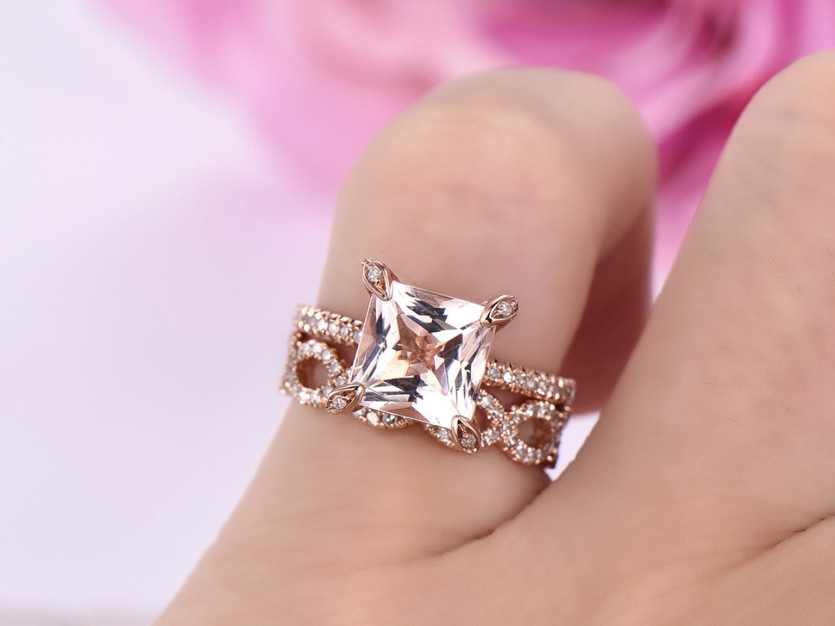 Princess Morganite Hidden Halo Diamond Infinite Love Bridal Set - Lord of Gem Rings