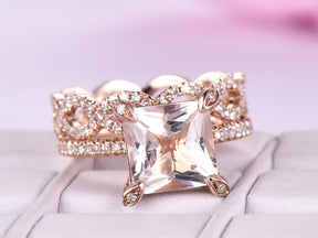 Princess Morganite Hidden Halo Diamond Infinite Love Bridal Set - Lord of Gem Rings