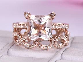 Princess Morganite Hidden Halo Diamond Infinite Love Bridal Set - Lord of Gem Rings