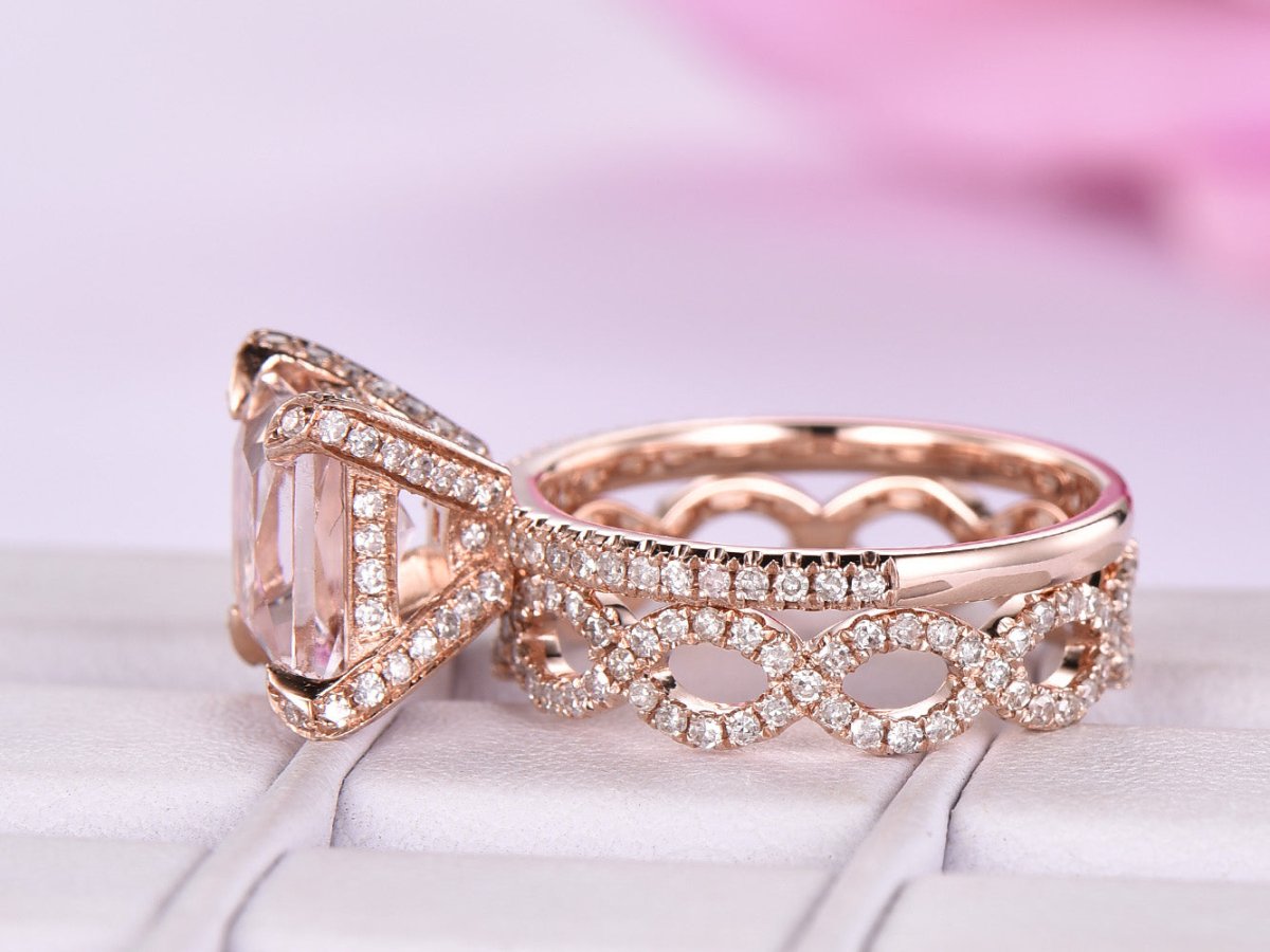 Princess Morganite Hidden Halo Diamond Infinite Love Bridal Set - Lord of Gem Rings