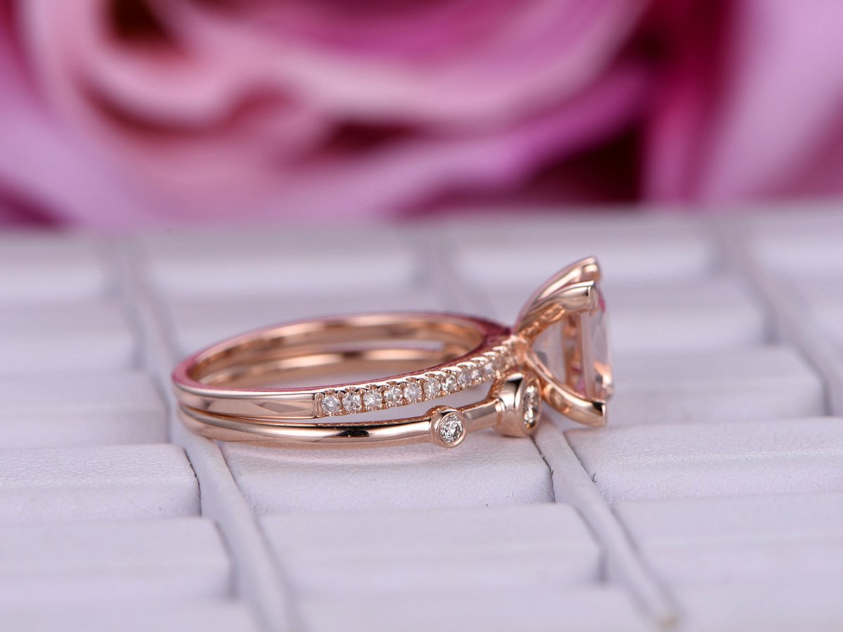 Princess Morganite Ring Bubble Diamond Bridal Set 14K Rose Gold - Lord of Gem Rings