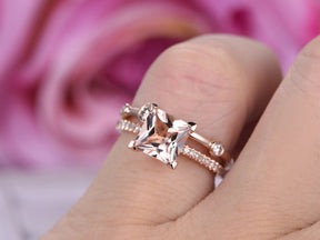 Princess Morganite Ring Bubble Diamond Bridal Set 14K Rose Gold - Lord of Gem Rings