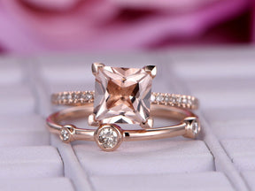 Princess Morganite Ring Bubble Diamond Bridal Set 14K Rose Gold - Lord of Gem Rings