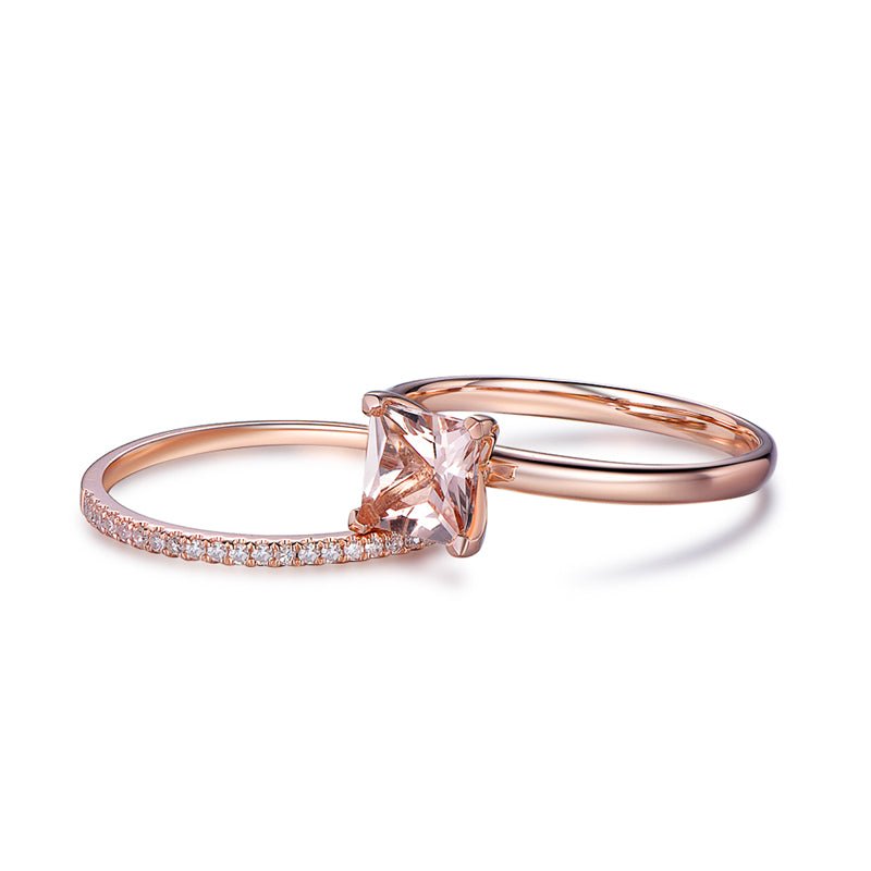 Princess Morganite Solitaire Ring Diamond Wedding Band Bridal Set - Lord of Gem Rings