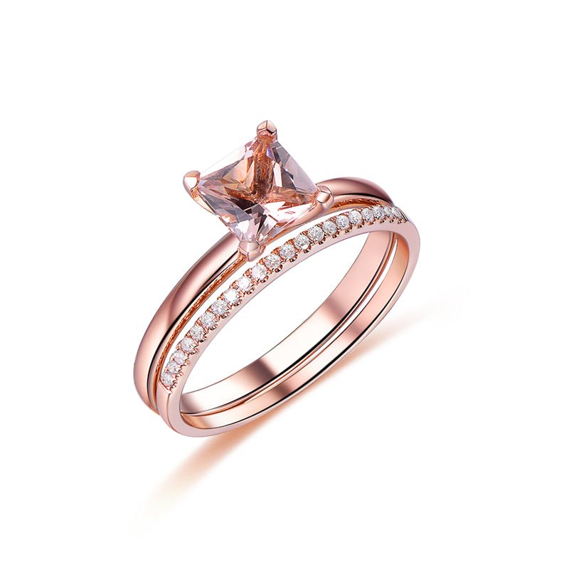 Princess Morganite Solitaire Ring Diamond Wedding Band Bridal Set - Lord of Gem Rings