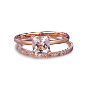 Princess Morganite Solitaire Ring Diamond Wedding Band Bridal Set - Lord of Gem Rings