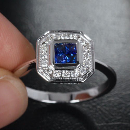 Princess Sapphire Milgrain Diamond Halo Invisible Setting Ring - Lord of Gem Rings