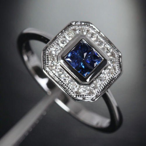 Princess Sapphire Milgrain Diamond Halo Invisible Setting Ring - Lord of Gem Rings