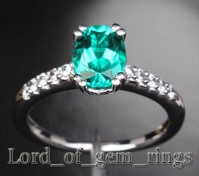 Prong Set Oval Emerald Diamond Engagement Ring 14k White Gold - Lord of Gem Rings