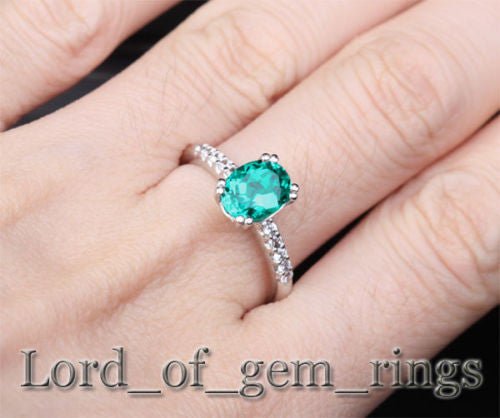 Prong Set Oval Emerald Diamond Engagement Ring 14k White Gold - Lord of Gem Rings