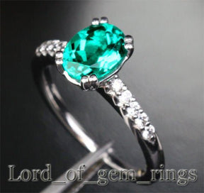 Prong Set Oval Emerald Diamond Engagement Ring 14k White Gold - Lord of Gem Rings